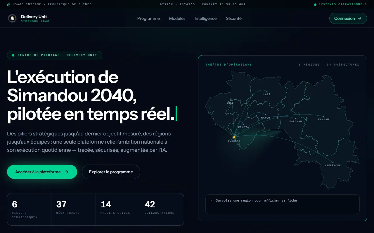 Capture d'écran de la plateforme Le Délivreur, centre de pilotage Simandou 2040